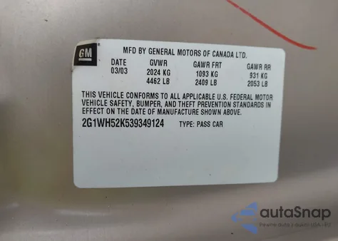 2003 Chevrolet Impala Ls from USA, damaged, VIN 2G1WH52K539349124